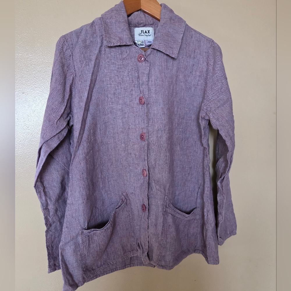 FLAX 100% Linen Purple Travel Jacket S Lagenlook Topper Artsy Boho Quiet Luxury